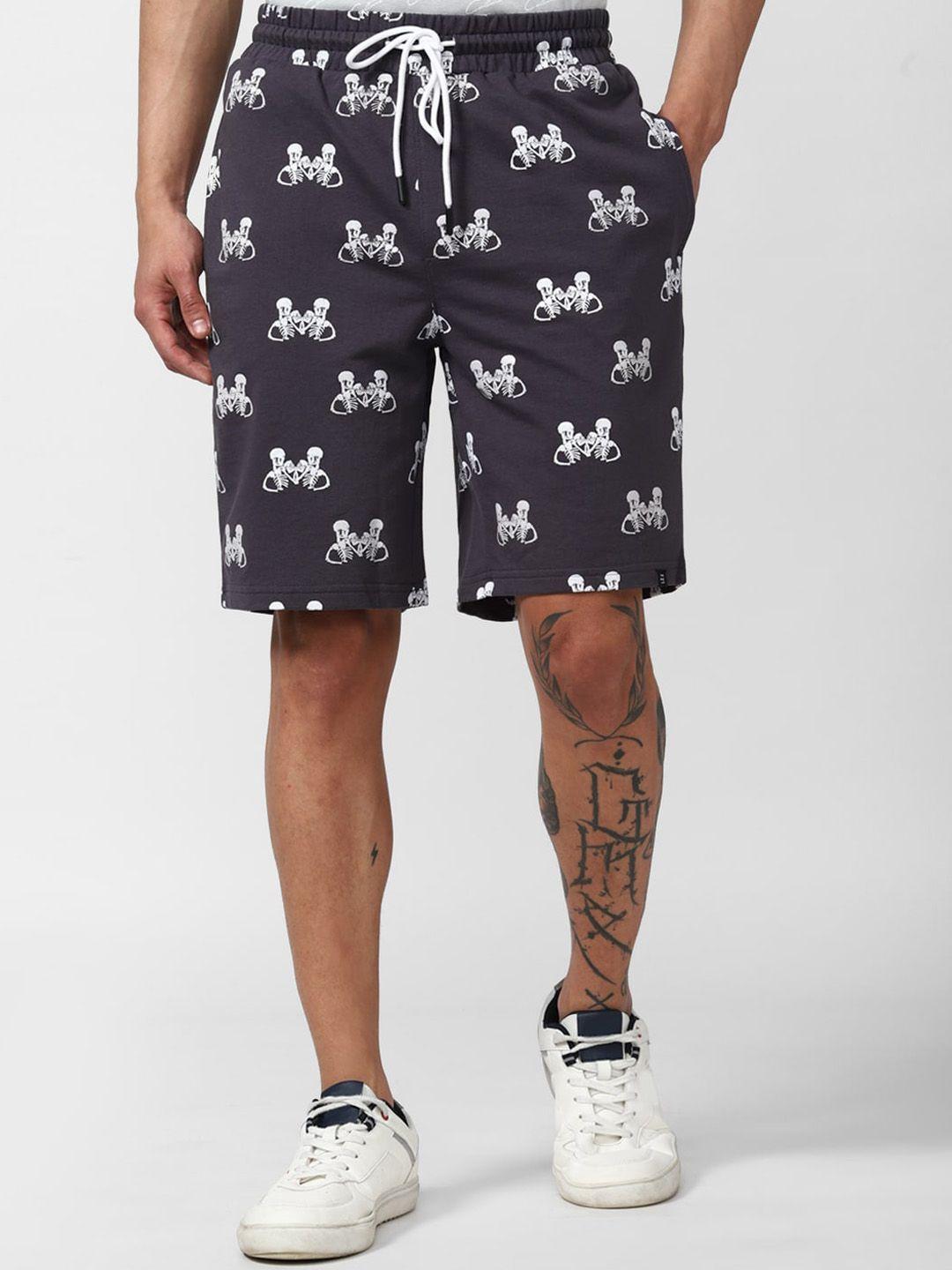 forever 21 men grey conversational printed mid-rise knee length shorts