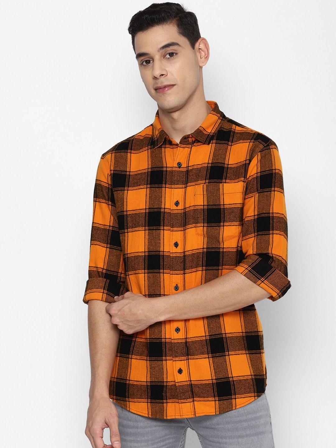 forever 21 men orange checked rolled-up sleeved casual shirt