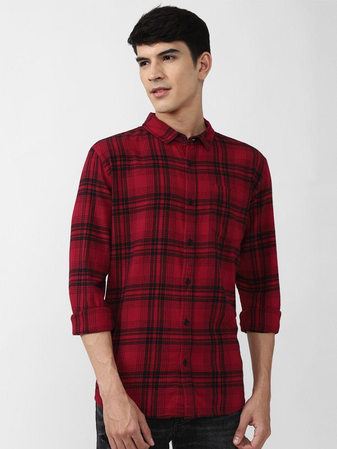 forever 21 men red tartan checked casual shirt