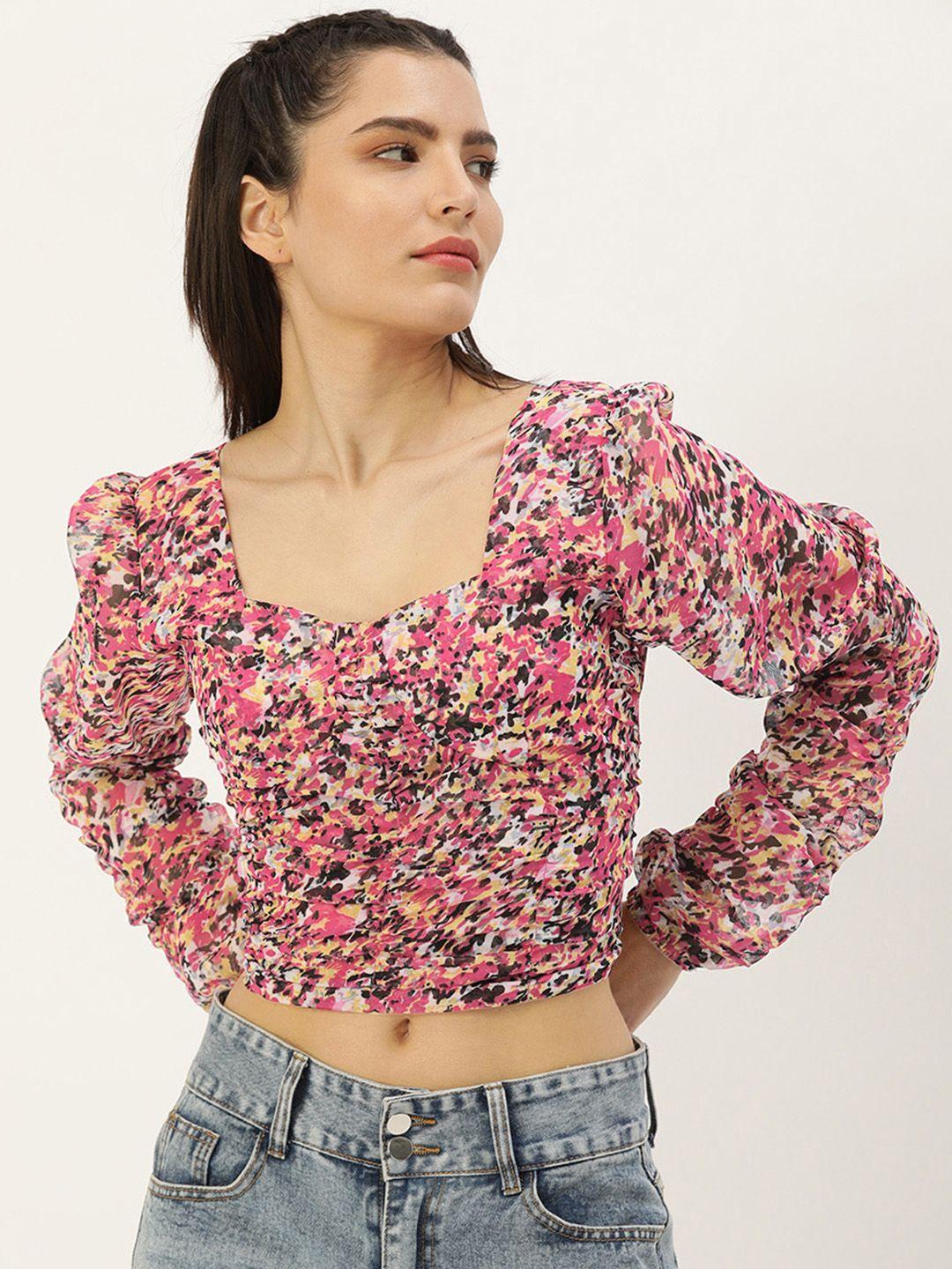 forever 21 multicoloured print sweetheart neck ruched styled back crop top
