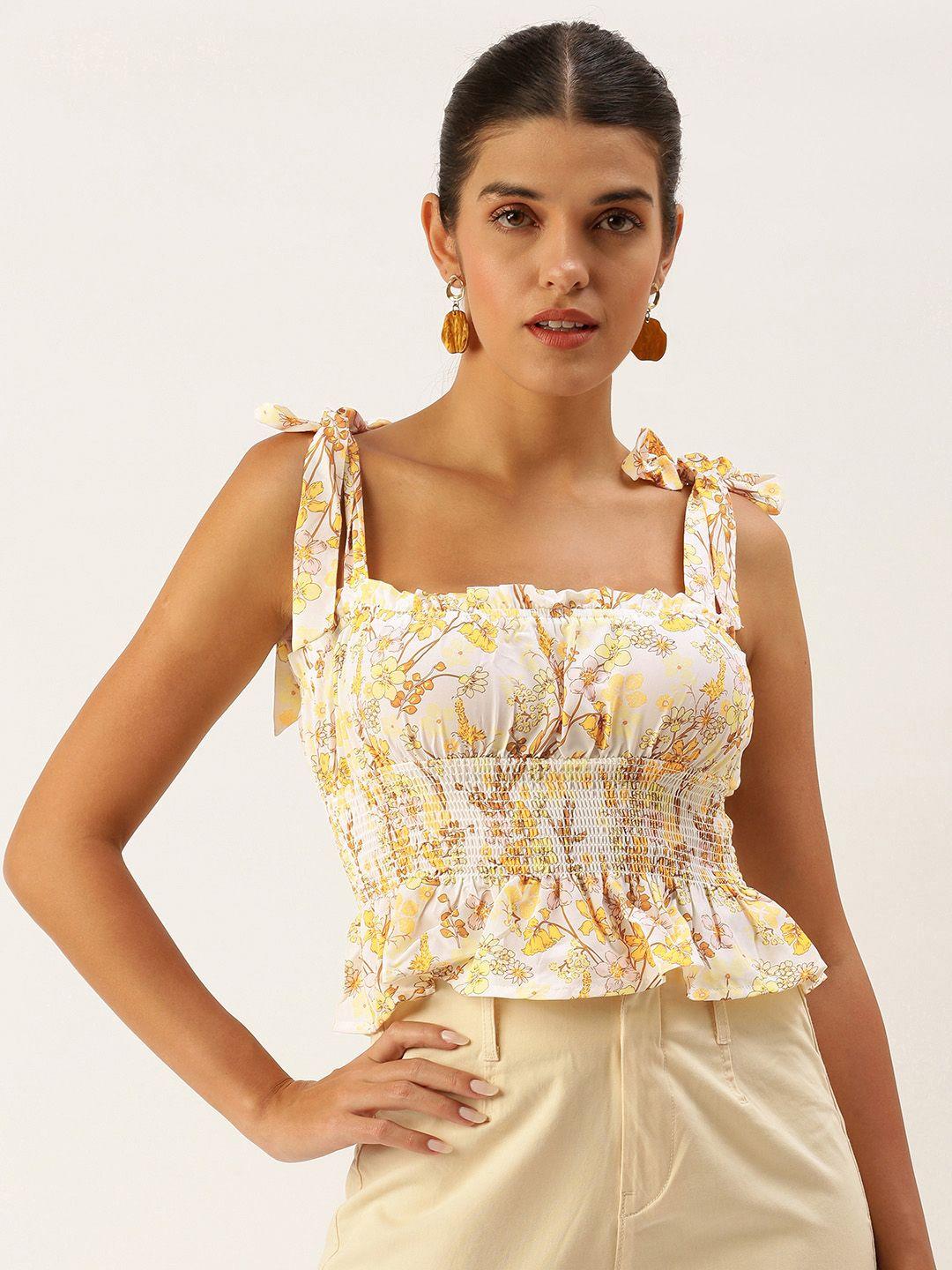 forever 21 off white & yellow floral print cinched waist crop top