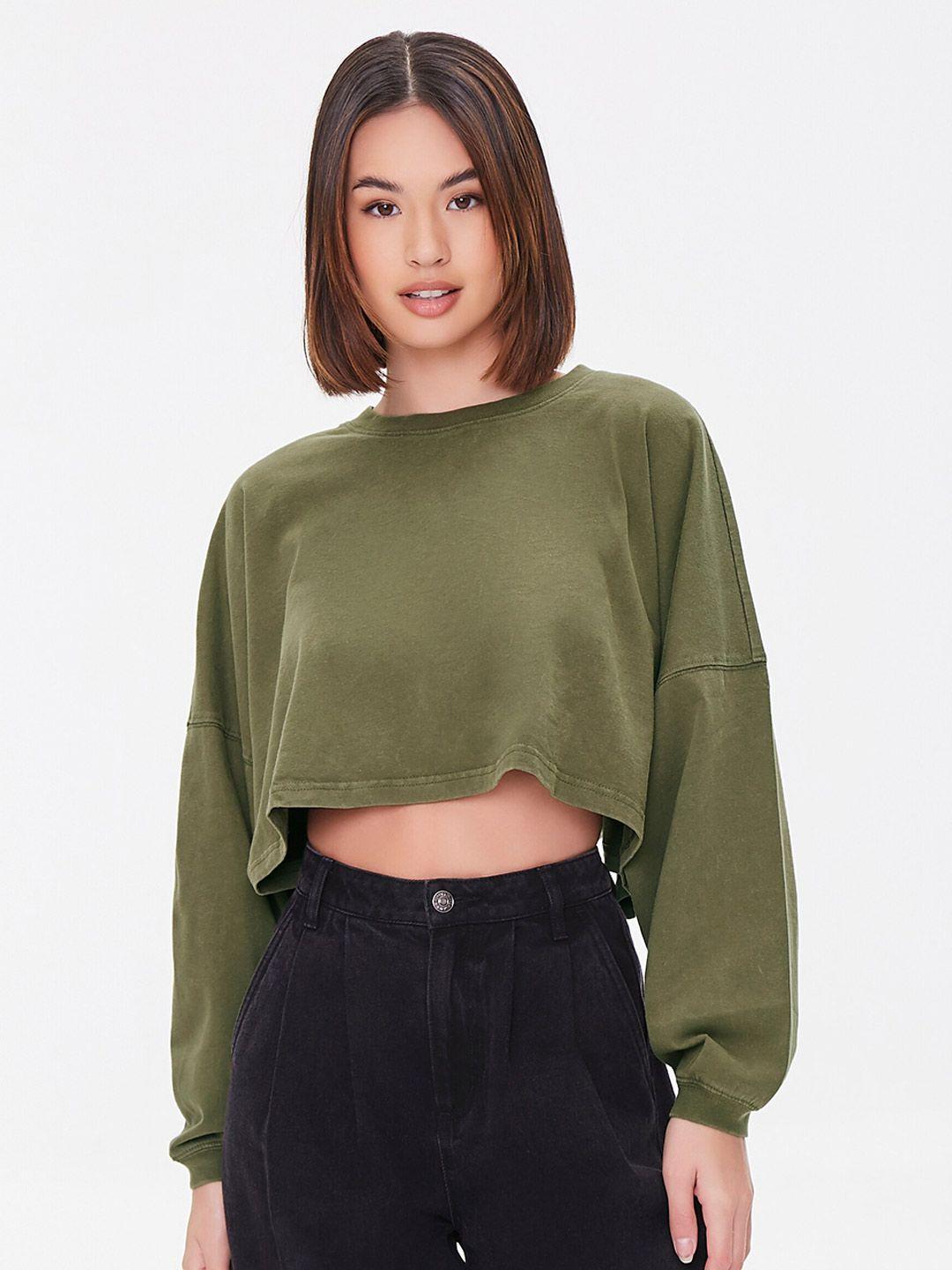 forever 21 olive green solid pure cotton crop top