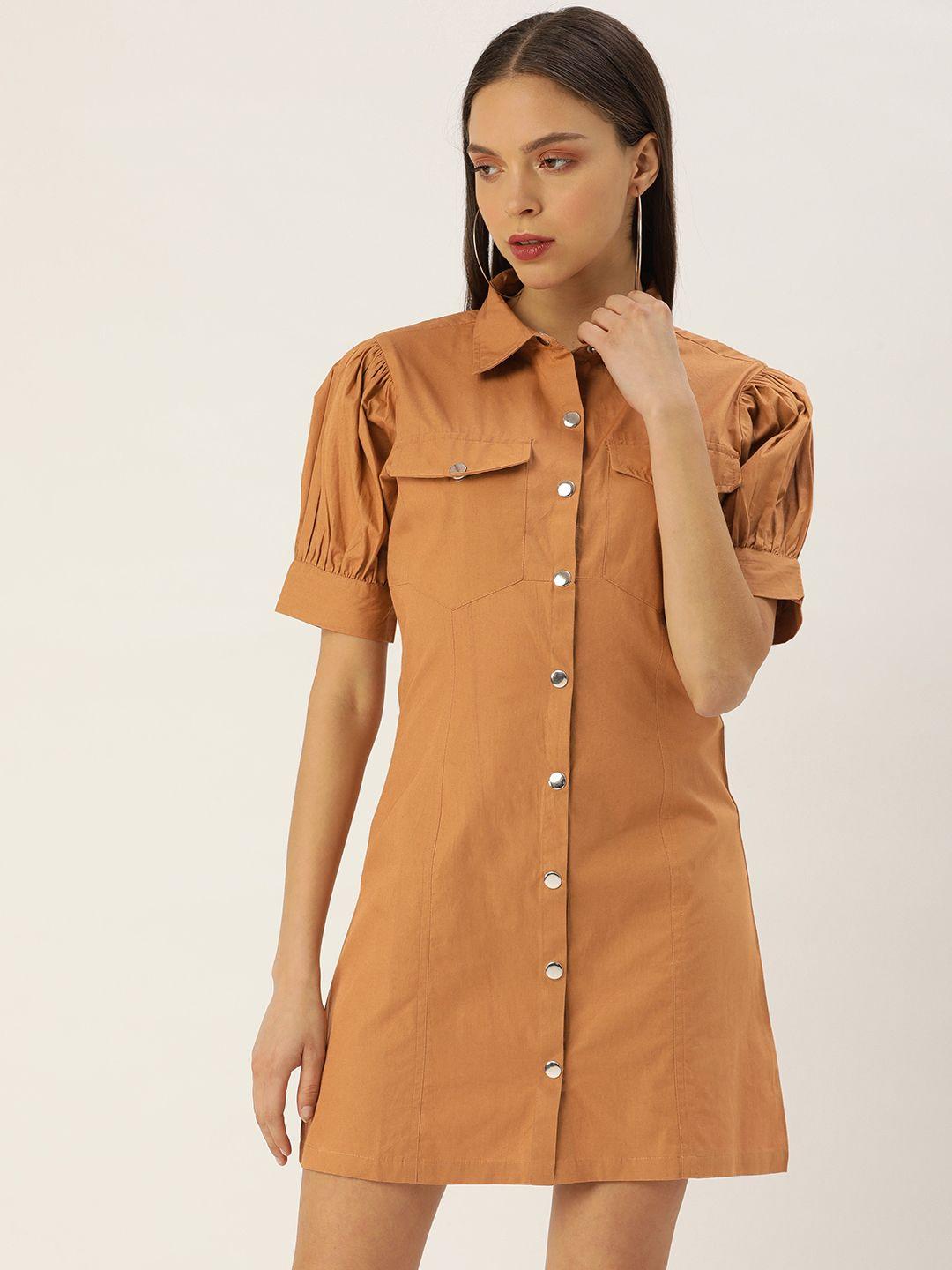 forever 21 tan brown solid shirt collar puff sleeves pockets detailing shirt mini dress
