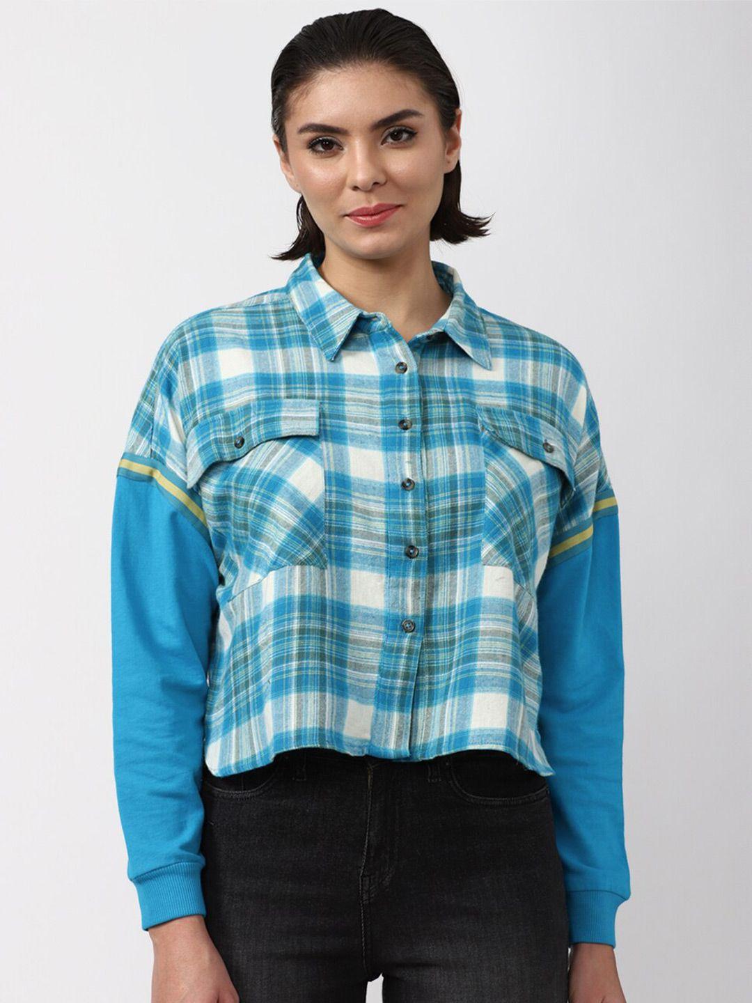 forever 21 women blue checked cotton high-low casual shirt