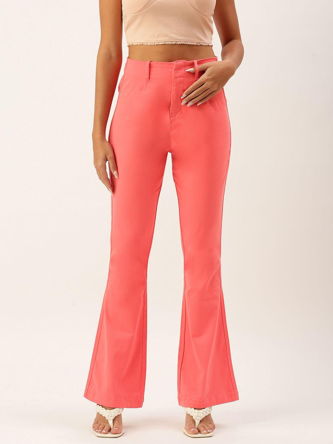 forever 21 women coral red solid mid-rise bootcut trousers