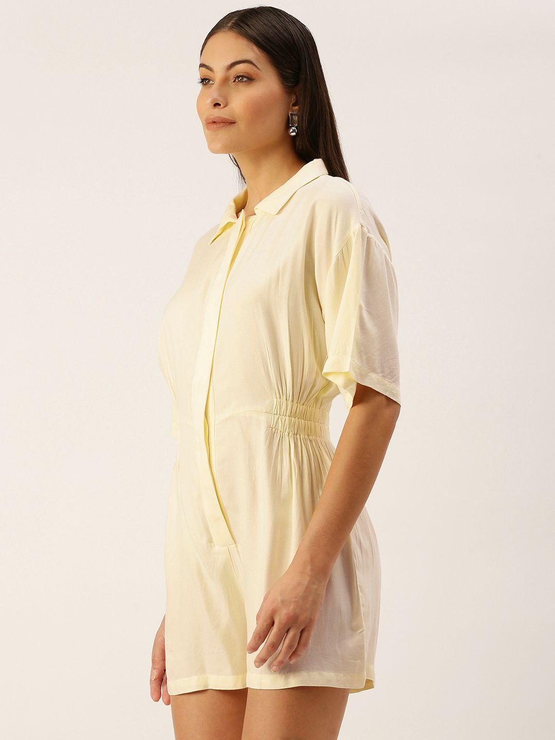 forever 21 women cream-coloured solid shirt-collar playsuit