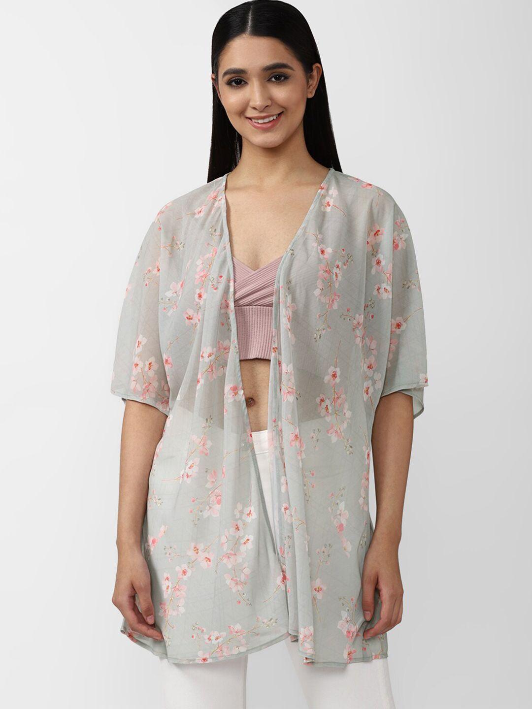 forever 21 women grey floral printed longline open front jacket