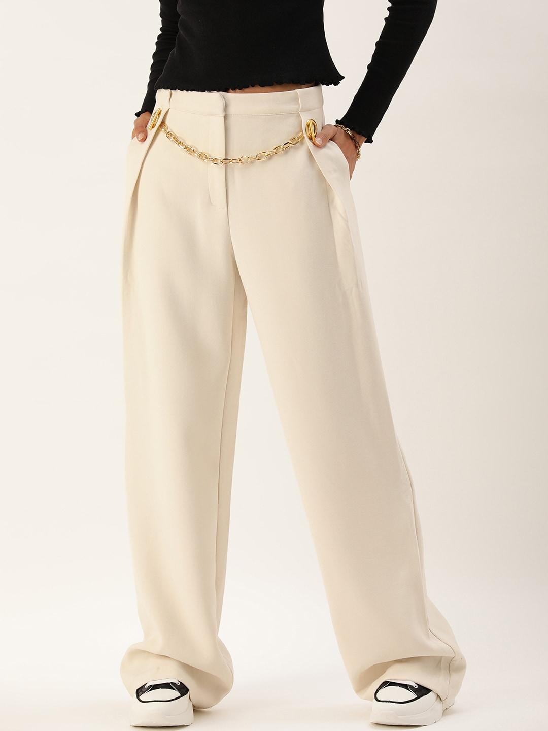forever 21 women mid-rise pleated trousers with attached chain on front waist
