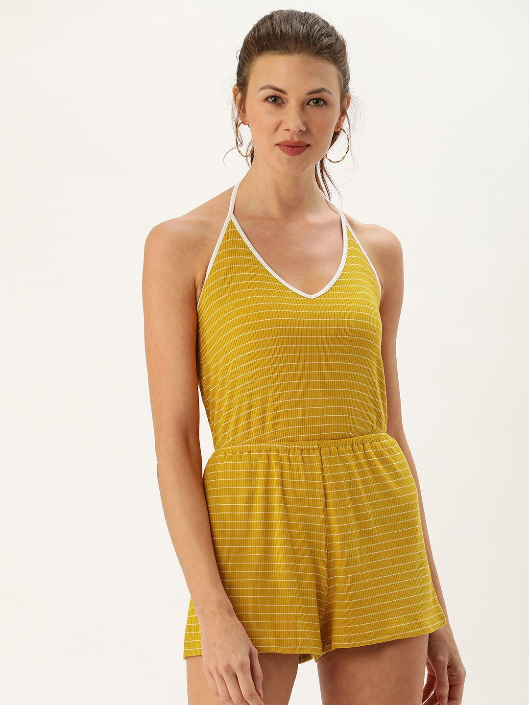 forever 21 women mustard yellow & white striped playsuit with gathers