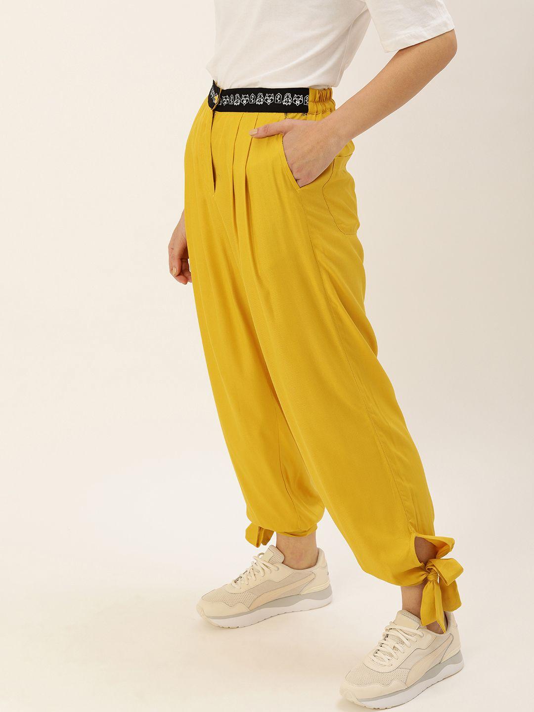 forever 21 women mustard yellow pleated joggers trousers with printed waistband