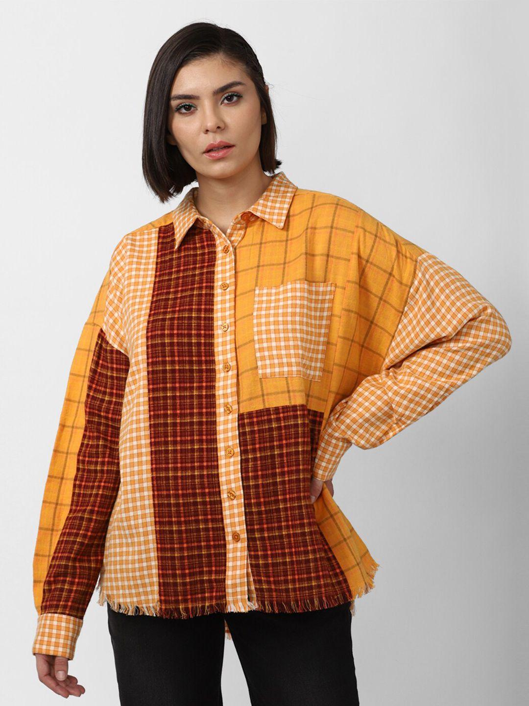 forever 21 women orange checked cotton casual shirt