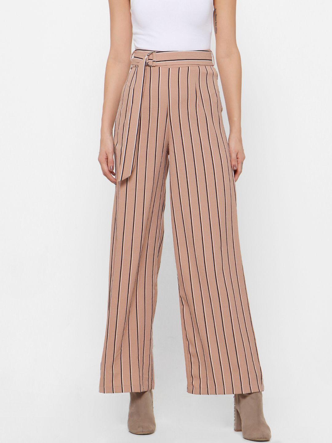 forever 21 women peach-coloured regular fit striped parallel trousers