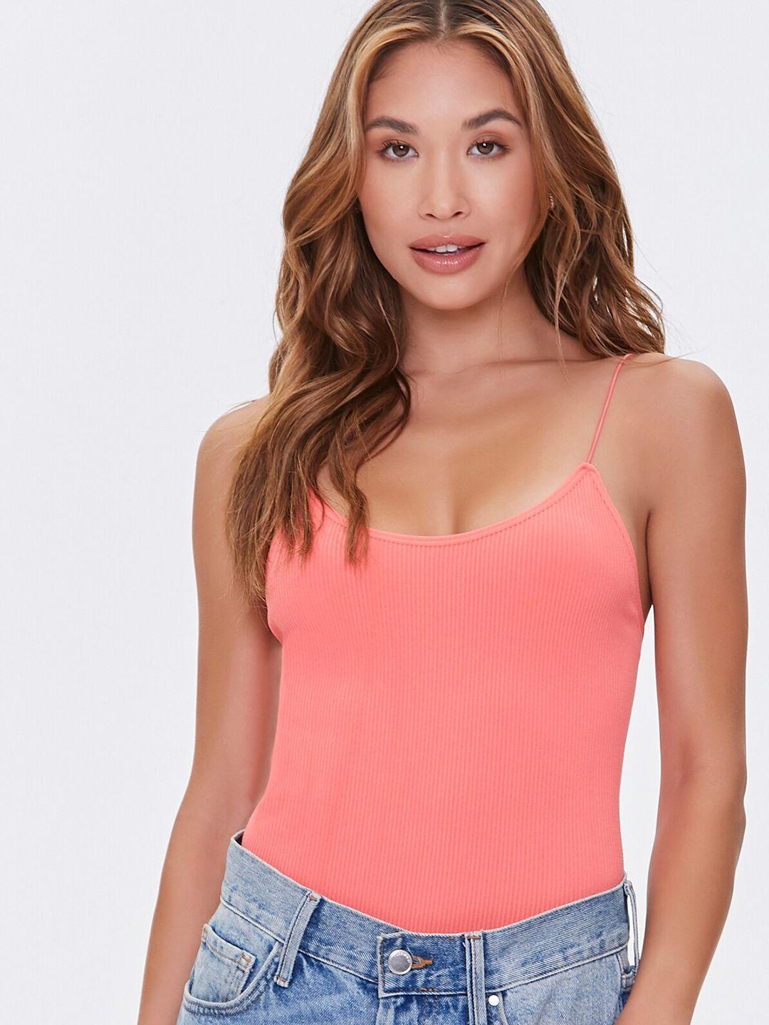 forever 21 women peach-coloured solid ribbed seamless bodysuit