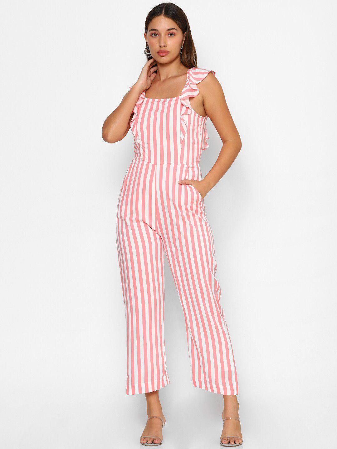 forever 21 women pink & white striped basic jumpsuit with ruffles