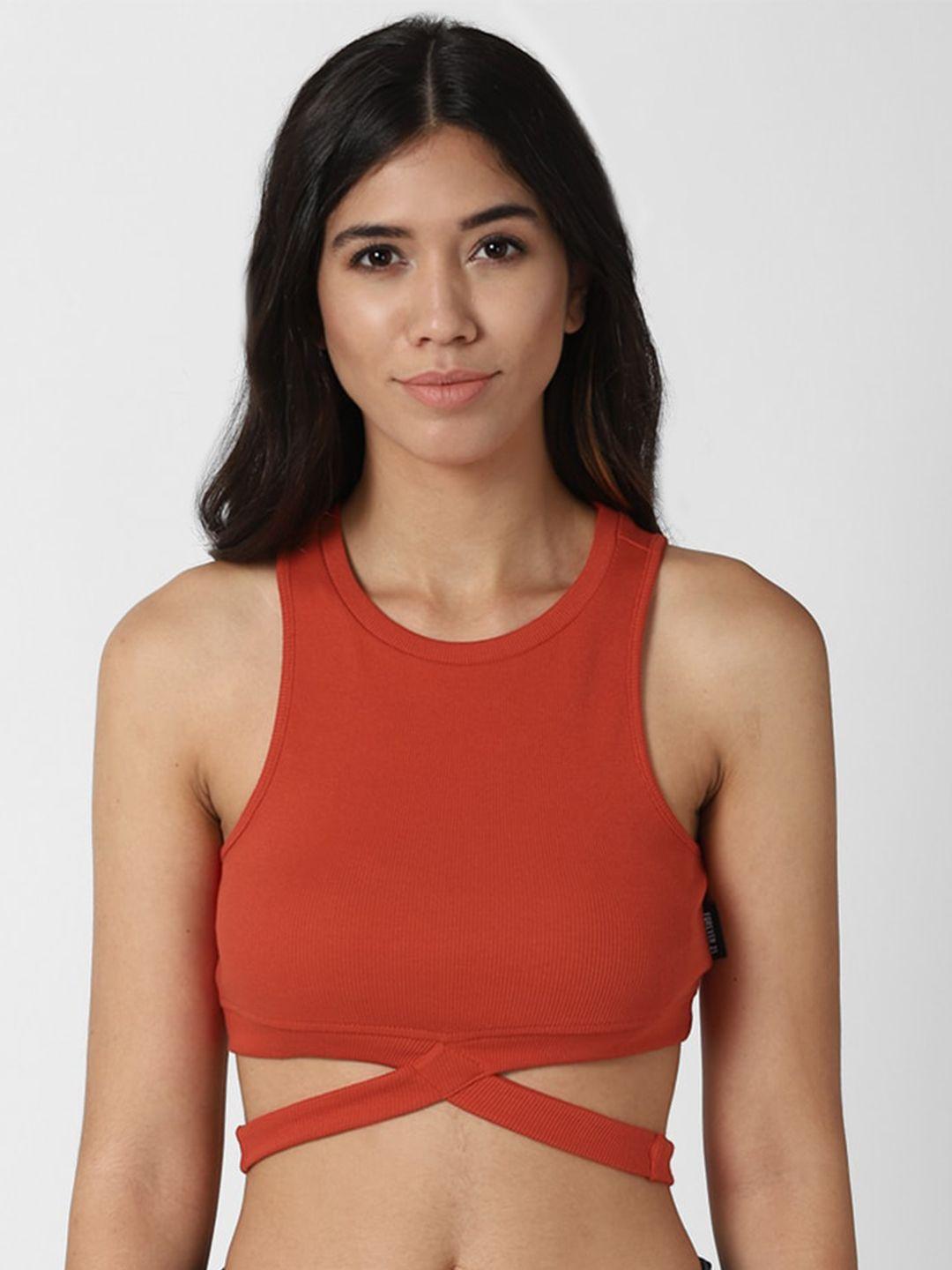 forever 21 women red solid fitted crop top