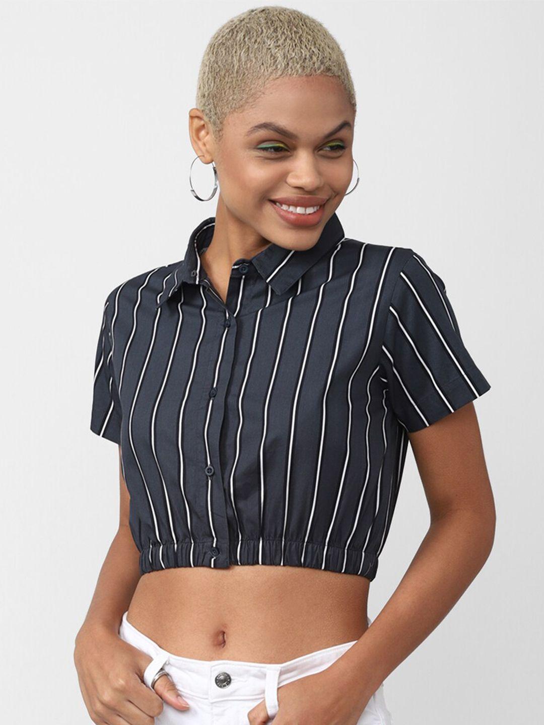 forever 21 women striped crop pure cotton casual shirt