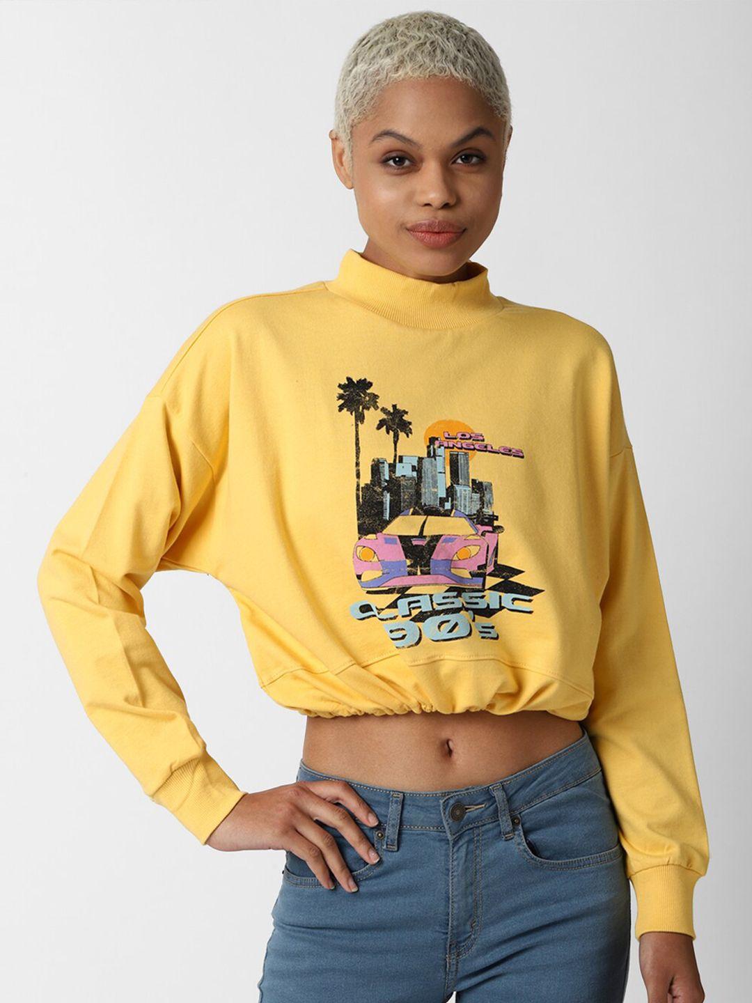 forever 21 women yellow graphic printed cotton sweatshirt