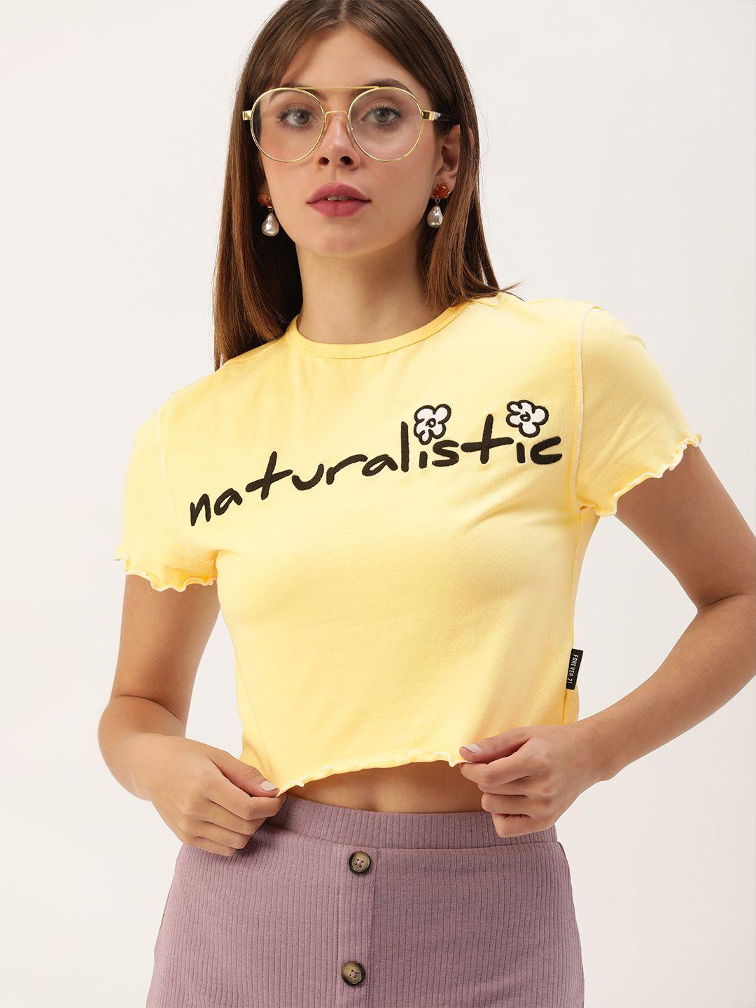 forever 21 yellow typography embroidered crop top