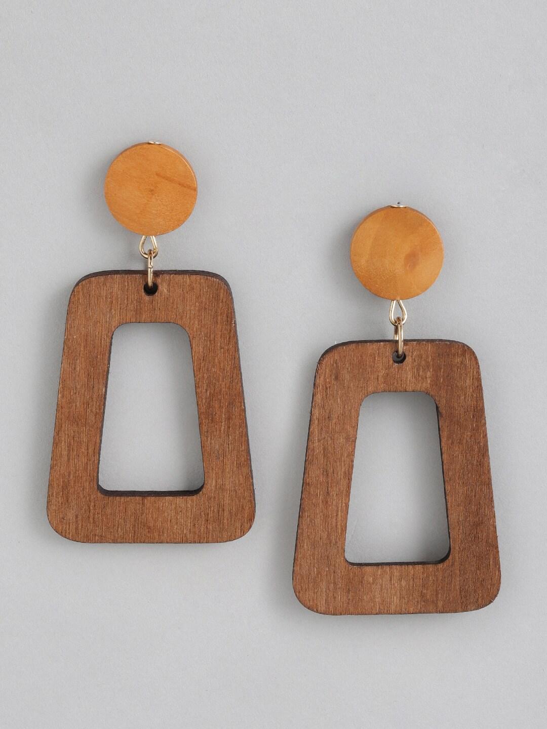 forever new brown geometric drop earrings with wood finish