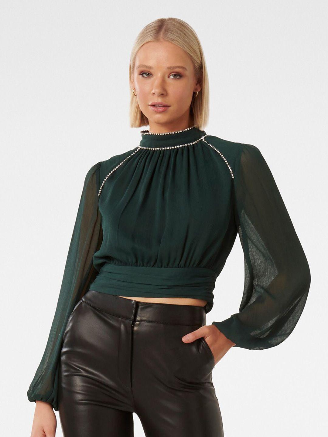 forever new embellished high neck puff sleeve blouson crop top