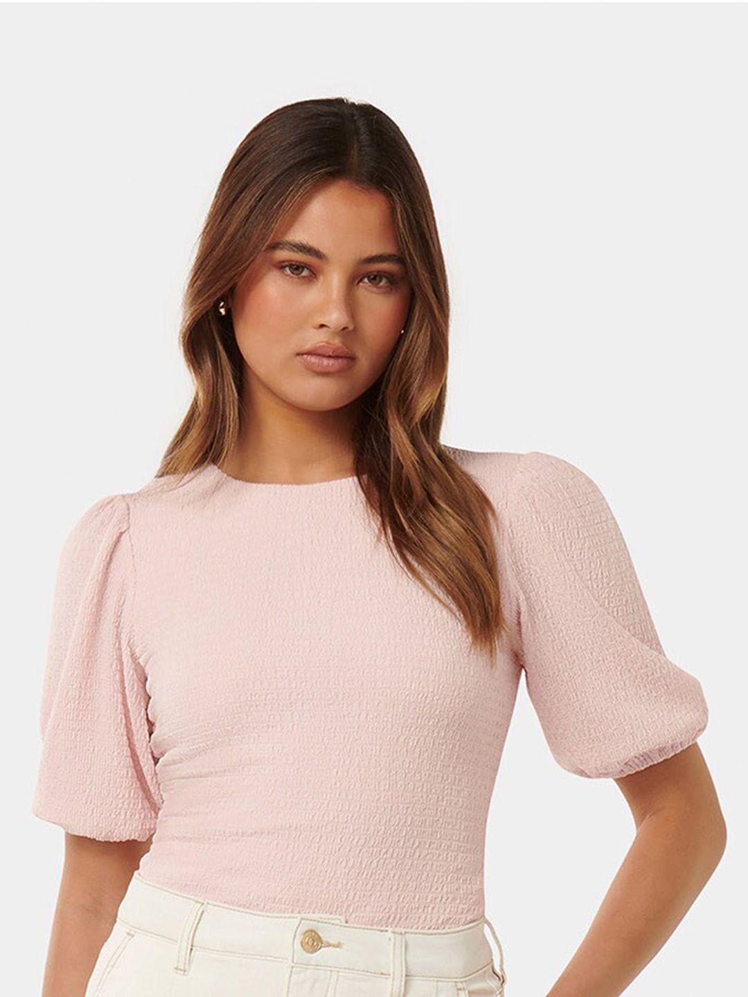 forever new round neck puff sleeves opaque fitted top