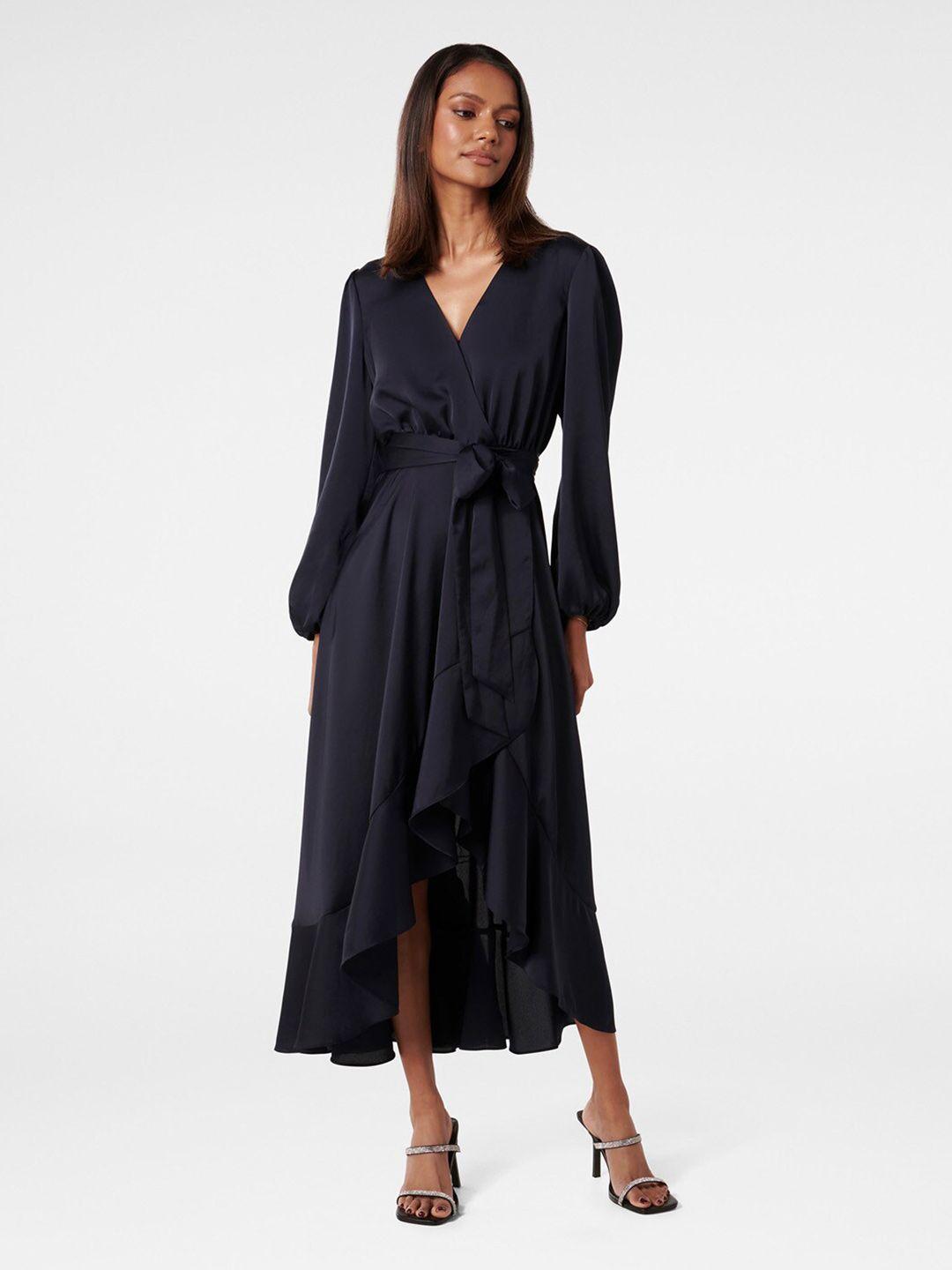 forever new v-neck cuffed sleeves gathered wrap midi dress