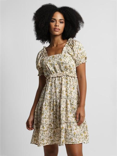 forever 21 beige & green floral print a line dress