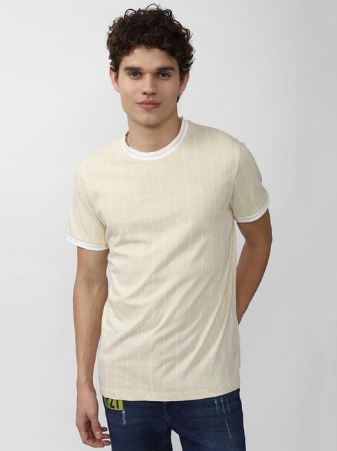 forever 21 beige cotton regular fit striped t-shirt