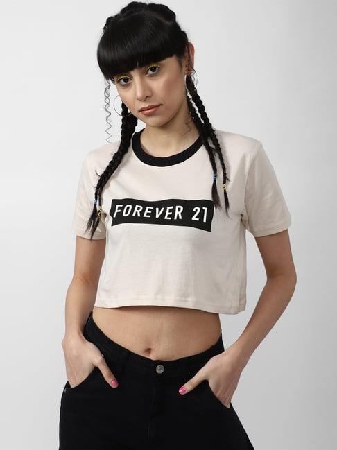 forever 21 beige logo printed cotton crop top