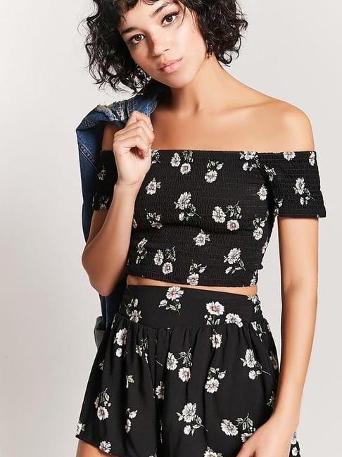 forever 21 black & cream floral print crop top with shorts set