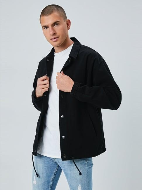 forever 21 black cotton regular fit printed jackets