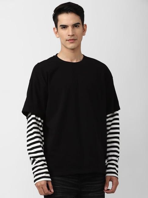 forever 21 black cotton regular fit striped t-shirt