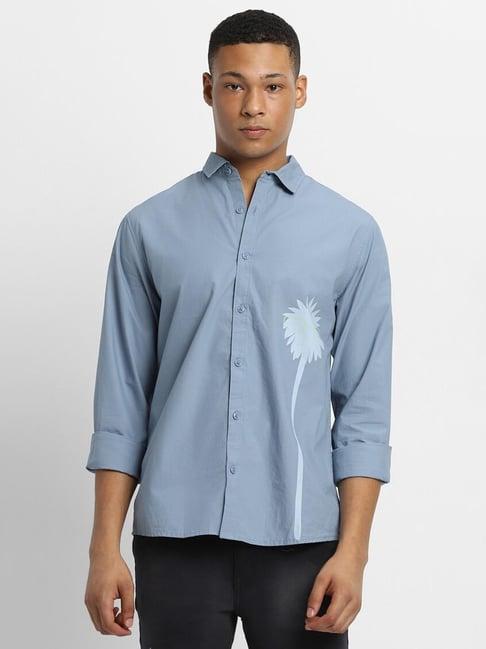 forever 21 blue cotton regular fit printed shirt