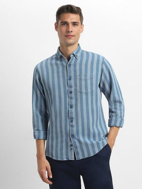 forever 21 blue cotton regular fit striped shirt