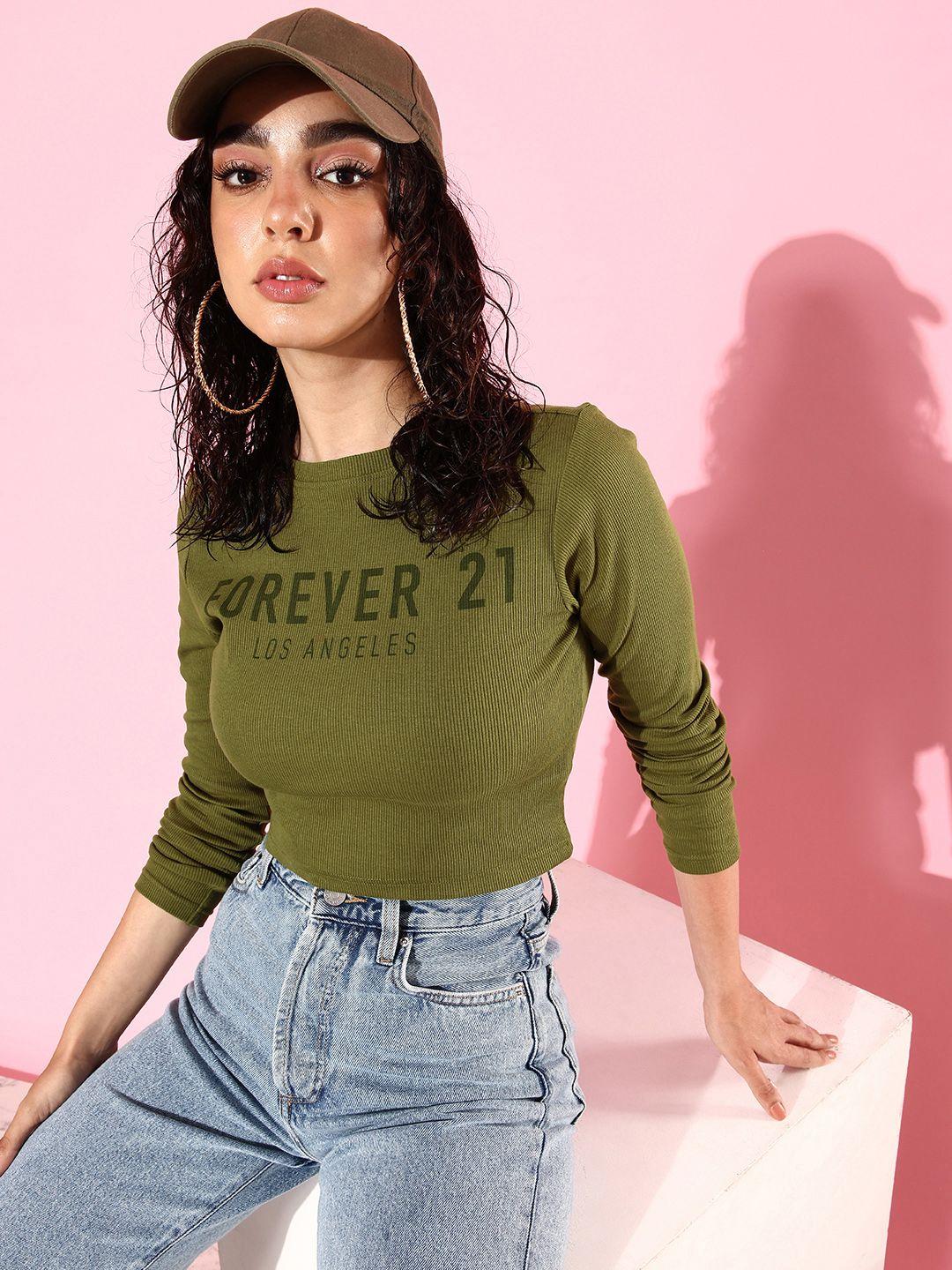 forever 21 brand logo print & ribbed knitted fitted crop top