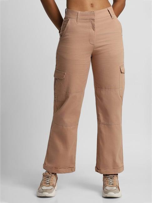 forever 21 brown cotton regular fit mid rise cargo pants