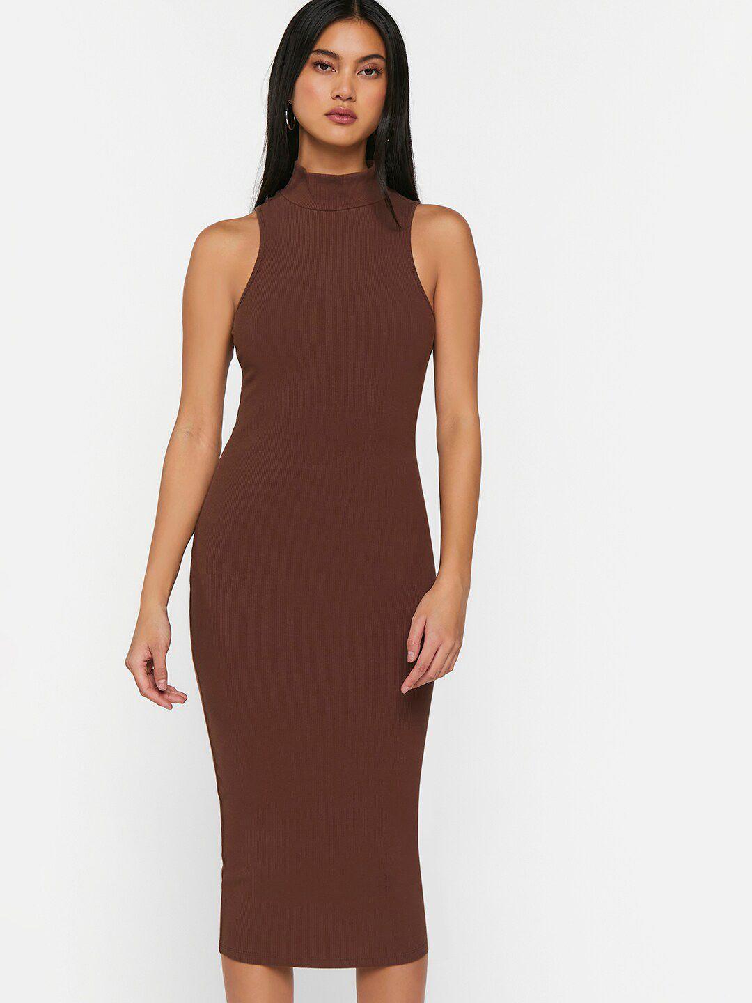 forever 21 brown high neck sleeveless bodycon midi dress