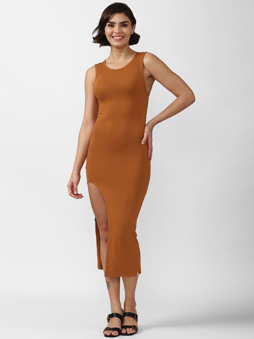 forever 21 brown solid round neck sleeveless bodycon party  midi dress