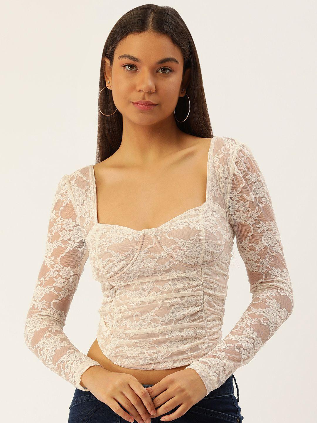 forever 21 floral self design blouson crop top with lace inserts