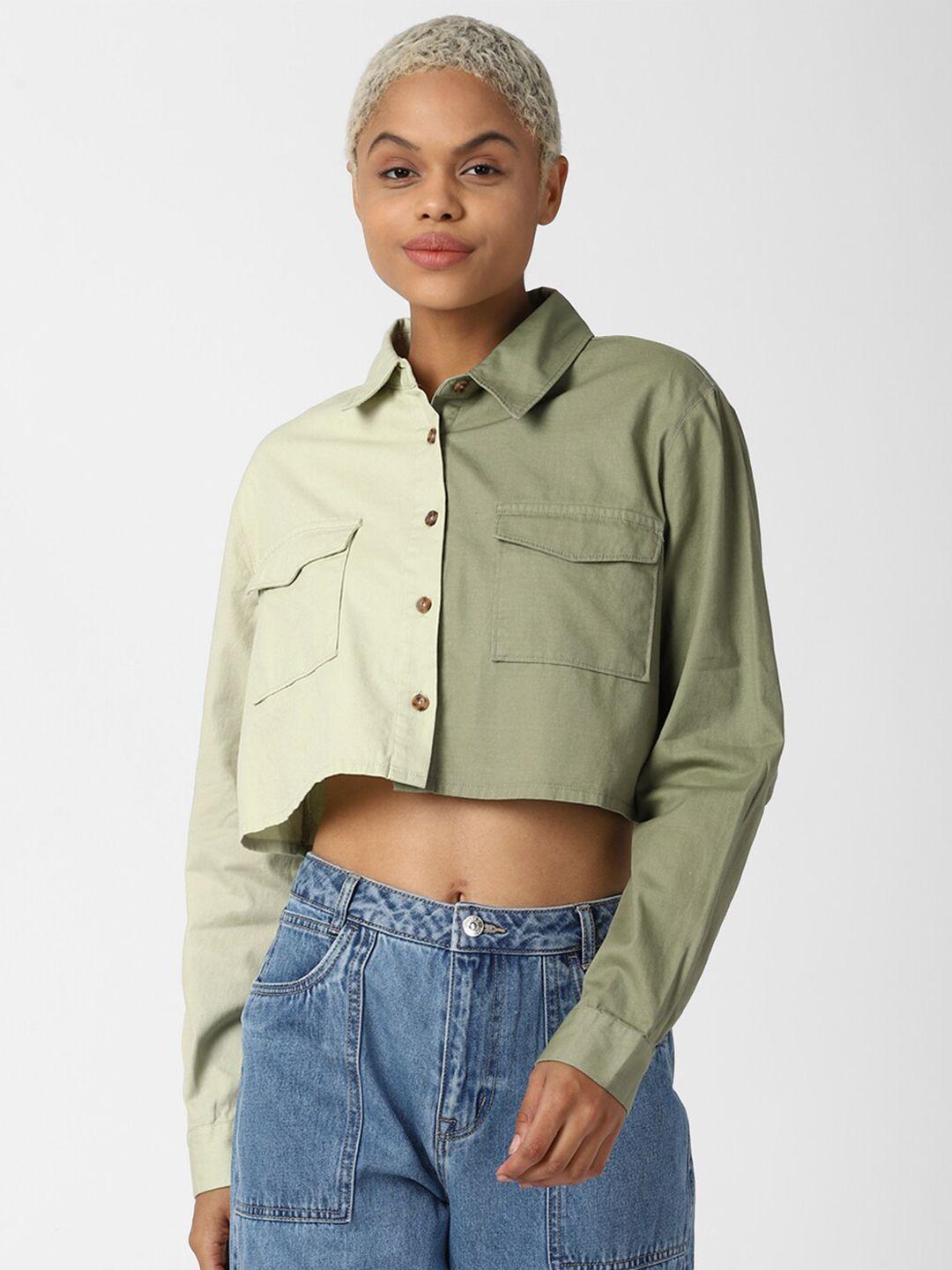 forever 21 green colourblocked cotton shirt style crop top