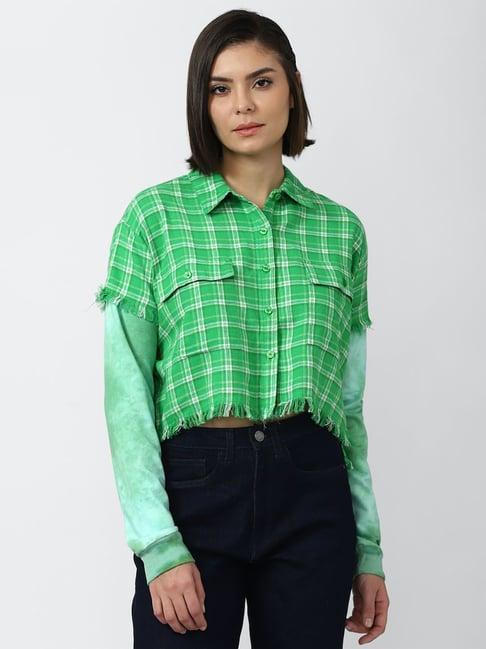 forever 21 green cotton checks shirt