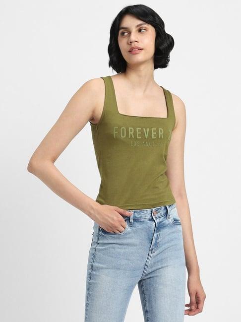 forever 21 green cotton printed t-shirt