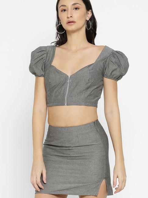 forever 21 grey cotton crop top with skirt set