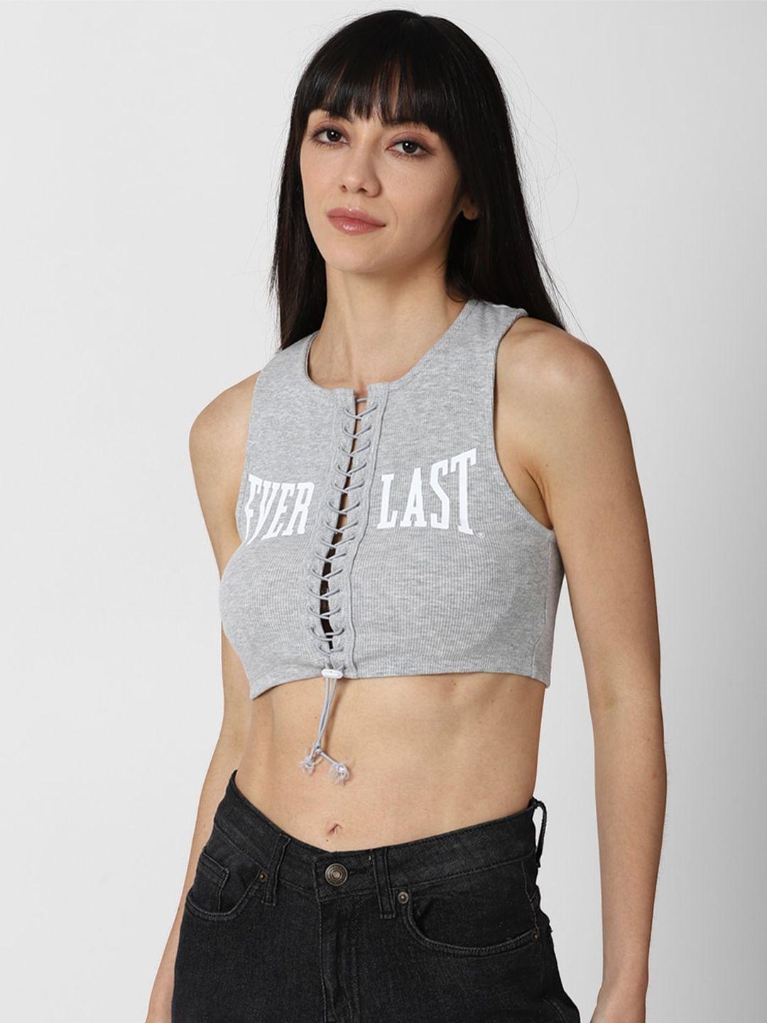 forever 21 grey solid typography printed lace up crop top