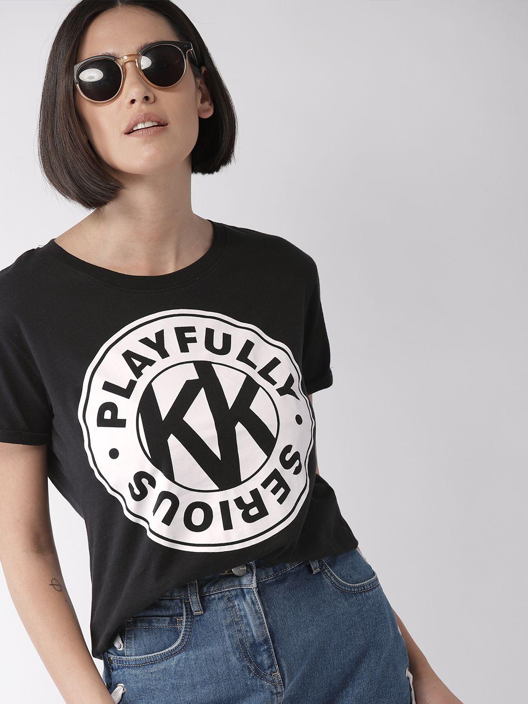 forever 21 kendall + kylie women black printed round neck pure cotton t-shirt