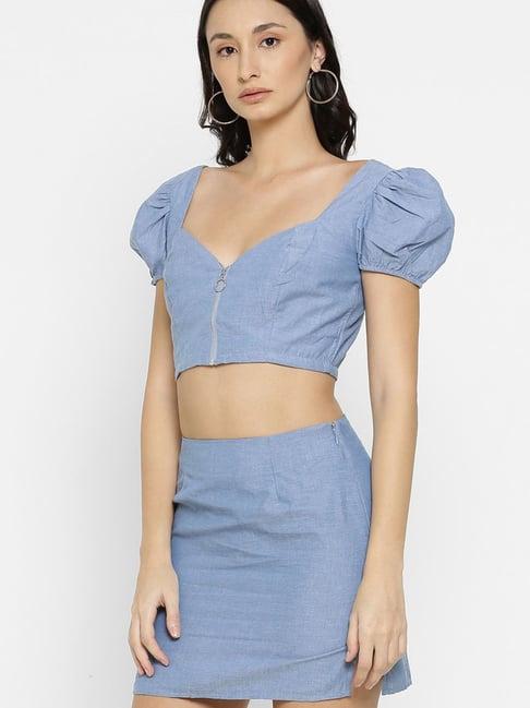 forever 21 light blue cotton crop top with skirt set
