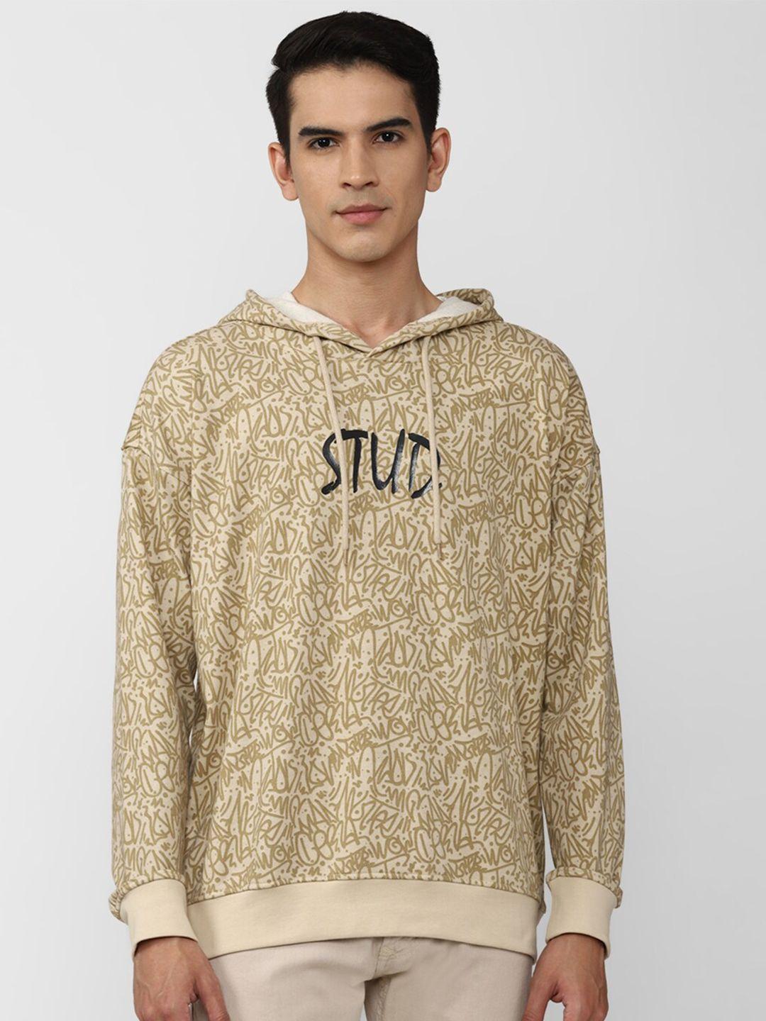 forever 21 men beige cotton printed hooded sweatshirt