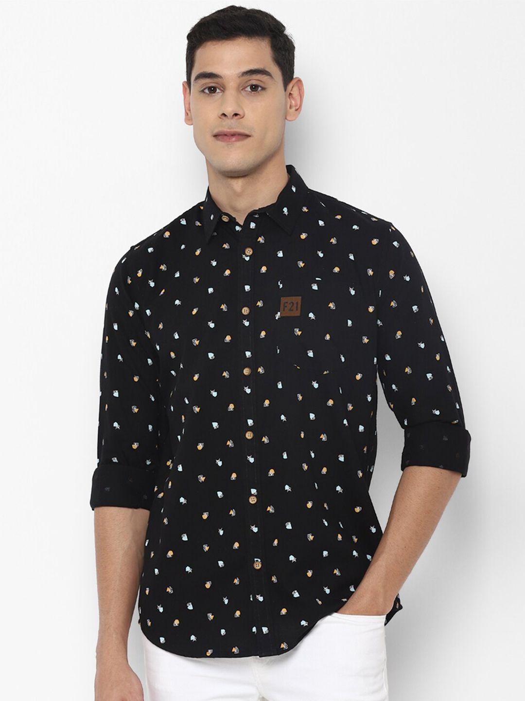 forever 21 men black slim fit opaque printed pure cotton casual shirt