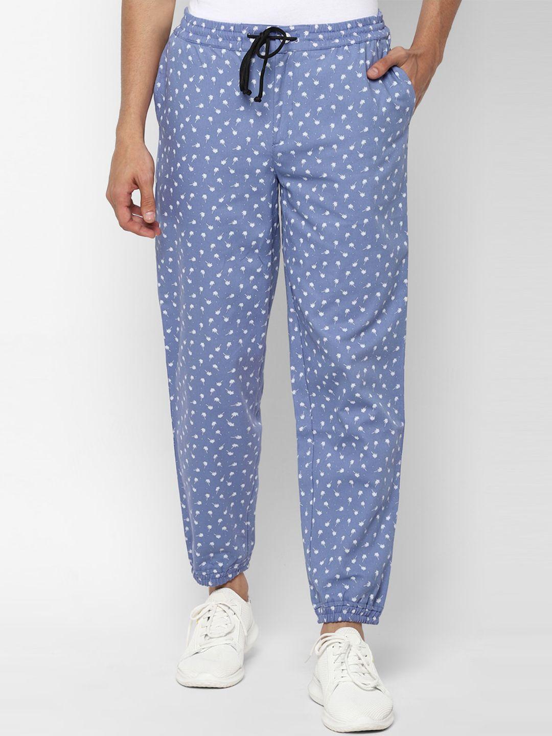 forever 21 men blue & white printed pure cotton joggers trousers