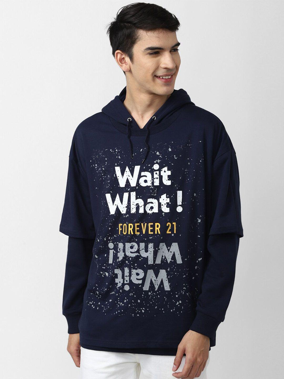 forever 21 men blue printed hooded sweatshirt